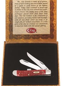 Case Brass Shield Red Jigged Bone Mini Trapper Pocket Knife & Cigar Box