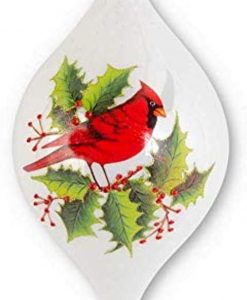 K & K Interiors White Pearl Glass Teardrop Ornament With Cardinal And Holly #54577D