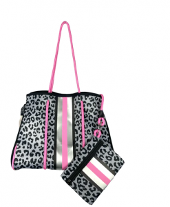 Girlie Girl Neoprene Tote Bag - Leopard Grey Pink Stripe #NP-4500