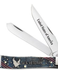Case Knife U.S. Veterans Embellished Natural Bone Trapper Stainless Pocket Knife #16300