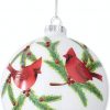 K&K Interiors Glittered White Round Glass Hanging Ornament With Cardinals #55395A