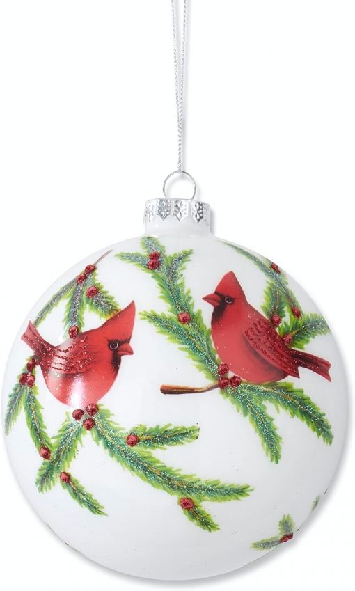 K&K Interiors Glittered White Round Glass Hanging Ornament With Cardinals #55395A