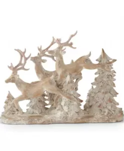 K&K Interiors Resin Tan Whitewashed 3 Prancing Reindeer Winter Figurine #55349A