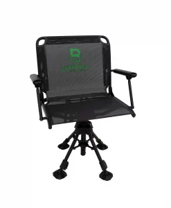 Silent 360-degree swivel Four legs for additional stability Independently adjustable legs for leveling on uneven ground 3.25" of seat height adjustment Legs detach easily from seat and fold down for easy transport Durable TearTuff™ mesh seat and backrest and padded armrests Includes shoulder strap for carrying Hunting Chair