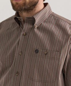 Wrangler George Strait Long Sleeve Button Down One Pocket Shirt - Brown Cliff Stripe