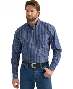 Wrangler George Strait One Pocket Long Sleeve Shirt - Navy Plaid
