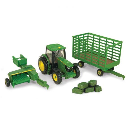 Tomy John Deere 1:64 Scale 6210R Tractor With 338 Square Baler, Bale Wagon & Bales #45439