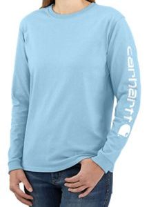 Carhartt Women's Loose Fit Heavyweight Long-Sleeve Logo Sleeve Graphic T-Shirt - Powder Blue #103401