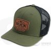 Buck Knives Leather Logo Patch OD Green Mesh Back Trucker Hat #89183