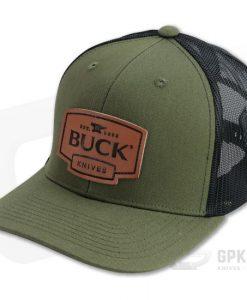 Buck Knives Leather Logo Patch OD Green Mesh Back Trucker Hat #89183
