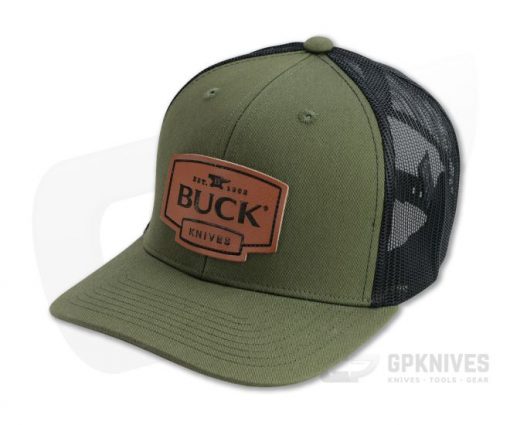 Buck Knives Leather Logo Patch OD Green Mesh Back Trucker Hat #89183