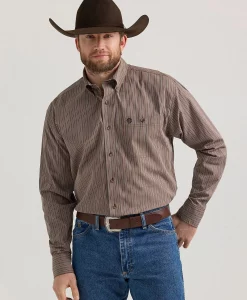 Wrangler George Strait Long Sleeve Button Down One Pocket Shirt – Brown Cliff Stripe
