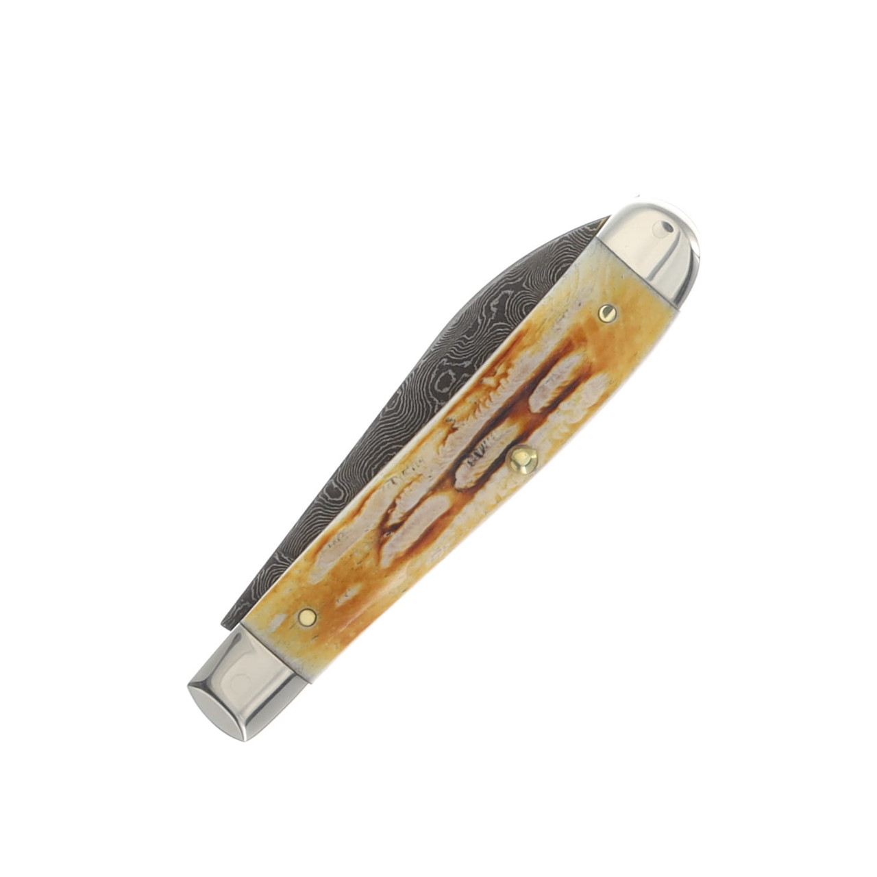 Case Knife Burnt Natural Bone Deep Canyon Jigged Damascus Mini Trapper Folding Knife #27233